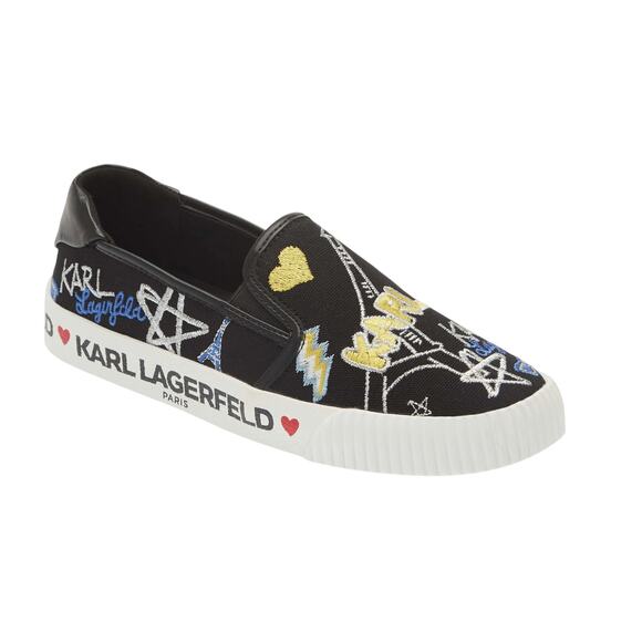 Karl Lagerfeld Shoes - Karl Lagerfeld Paris Jazlyn Slip-On Sneakers Sz 8 Black Embroidered Graffiti
